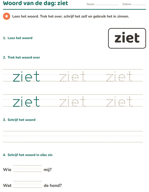 Voorbeeld van het Flitswoorden-werkblad voor kleuterklas