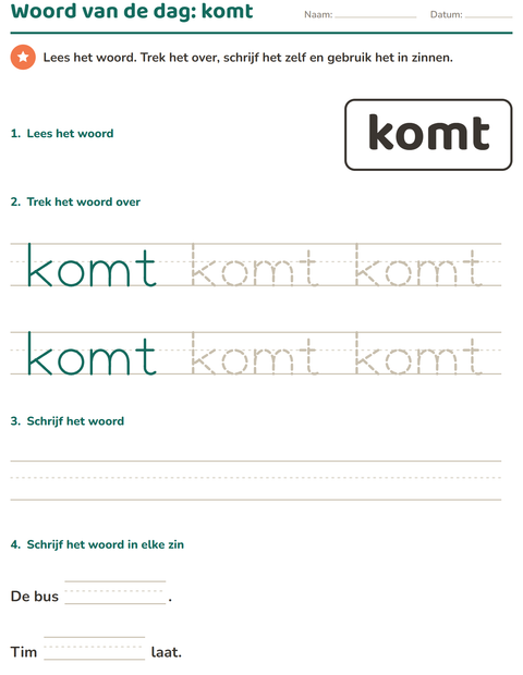 Voorbeeld van het Flitswoorden-werkblad voor kleuterklas