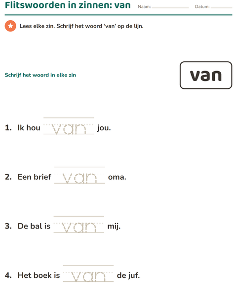 Voorbeeld van het Flitswoorden-werkblad voor kleuterklas