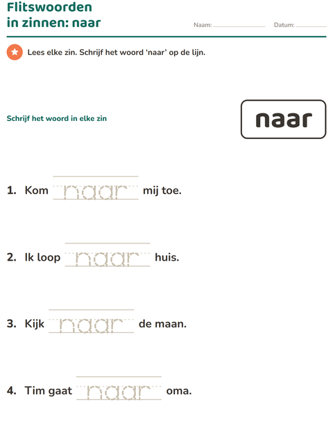Voorbeeld van het Flitswoorden-werkblad voor kleuterklas