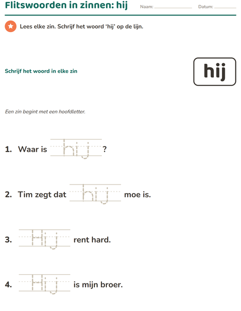 Voorbeeld van het Flitswoorden-werkblad voor kleuterklas