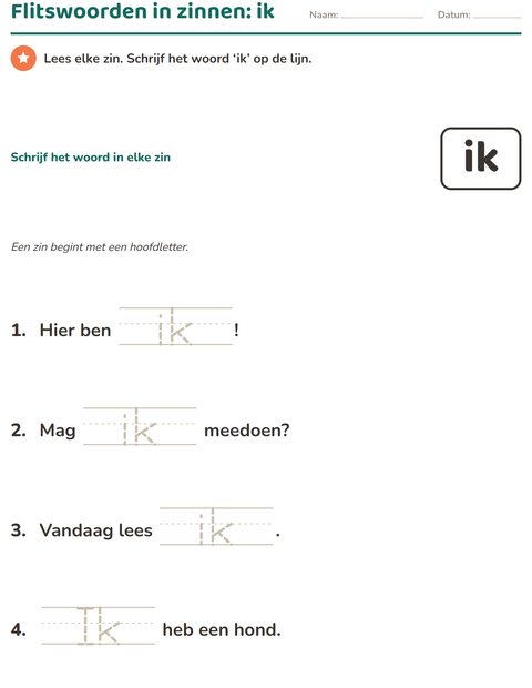 Voorbeeld van het Flitswoorden-werkblad voor kleuterklas