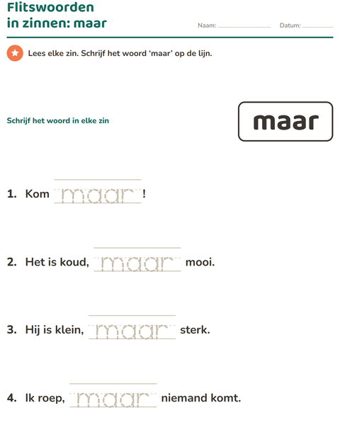 Voorbeeld van het Flitswoorden-werkblad voor kleuterklas