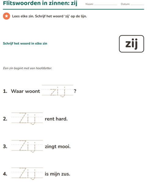 Voorbeeld van het Flitswoorden-werkblad voor kleuterklas