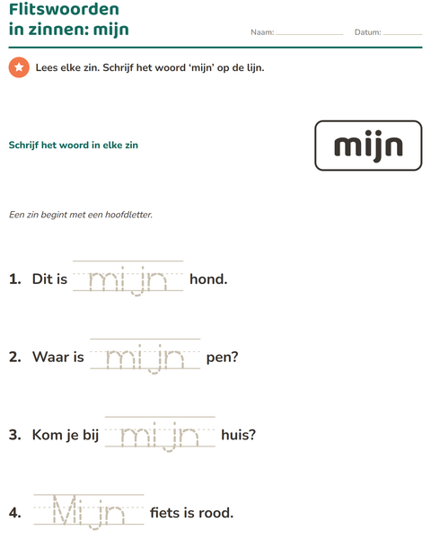 Voorbeeld van het Flitswoorden-werkblad voor kleuterklas