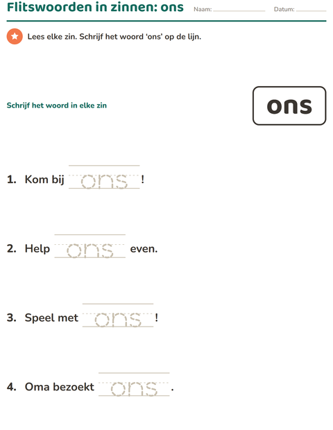 Voorbeeld van het Flitswoorden-werkblad voor kleuterklas