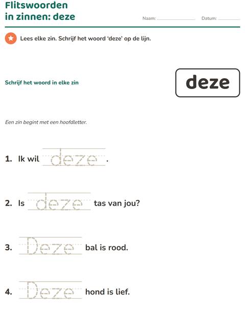 Voorbeeld van het Flitswoorden-werkblad voor kleuterklas