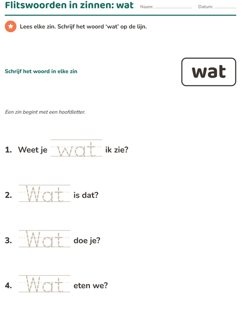 Voorbeeld van het Flitswoorden-werkblad voor kleuterklas
