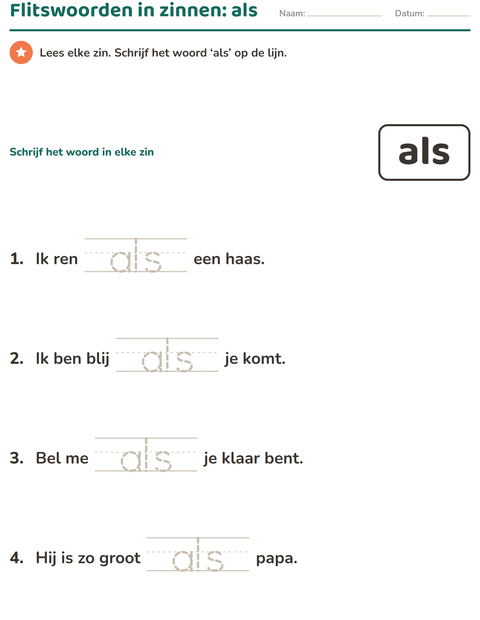 Voorbeeld van het Flitswoorden-werkblad voor kleuterklas