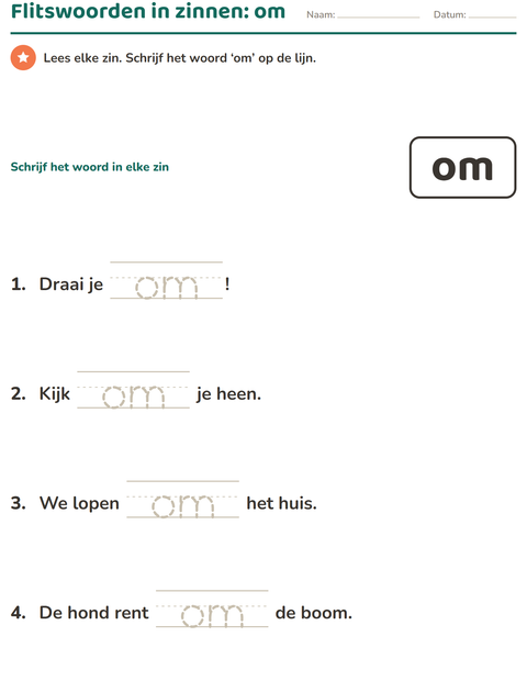 Voorbeeld van het Flitswoorden-werkblad voor kleuterklas
