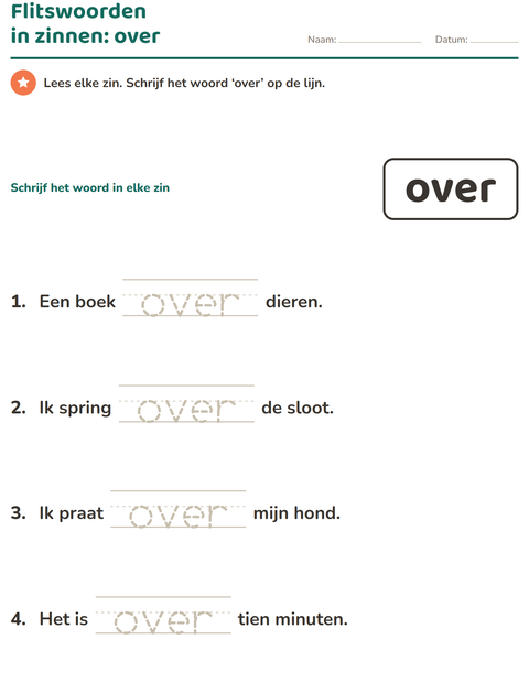 Voorbeeld van het Flitswoorden-werkblad voor kleuterklas