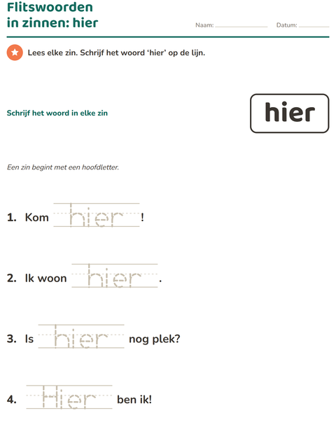 Voorbeeld van het Flitswoorden-werkblad voor kleuterklas