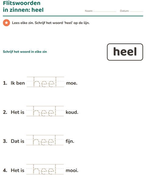 Voorbeeld van het Flitswoorden-werkblad voor kleuterklas