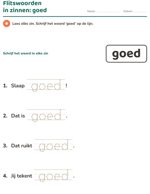 Voorbeeld van het Flitswoorden-werkblad voor kleuterklas
