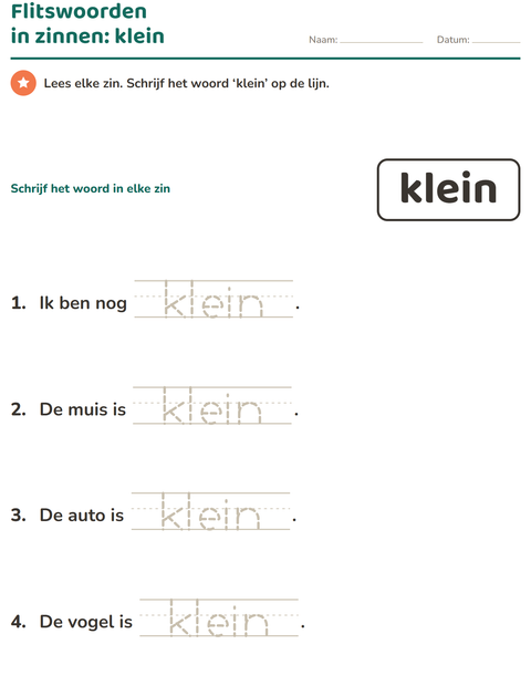 Voorbeeld van het Flitswoorden-werkblad voor kleuterklas