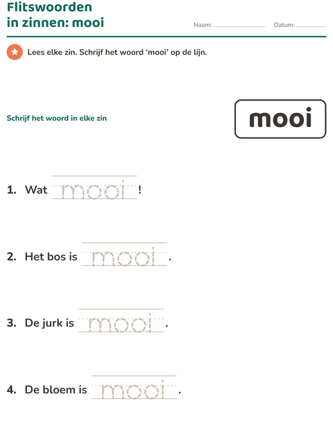 Voorbeeld van het Flitswoorden-werkblad voor kleuterklas