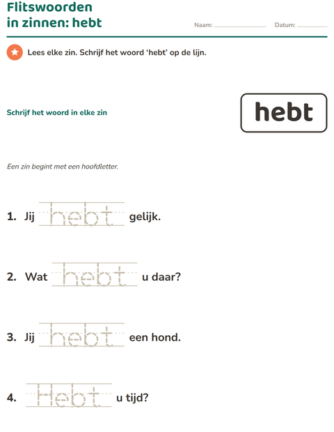 Voorbeeld van het Flitswoorden-werkblad voor kleuterklas