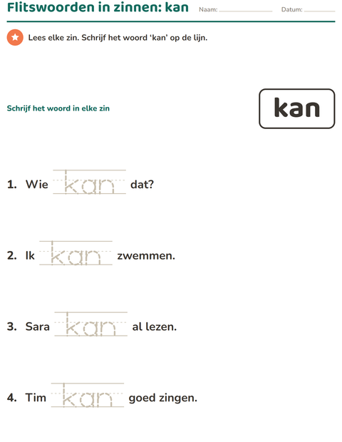 Voorbeeld van het Flitswoorden-werkblad voor kleuterklas