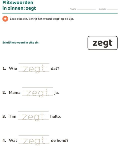 Voorbeeld van het Flitswoorden-werkblad voor kleuterklas
