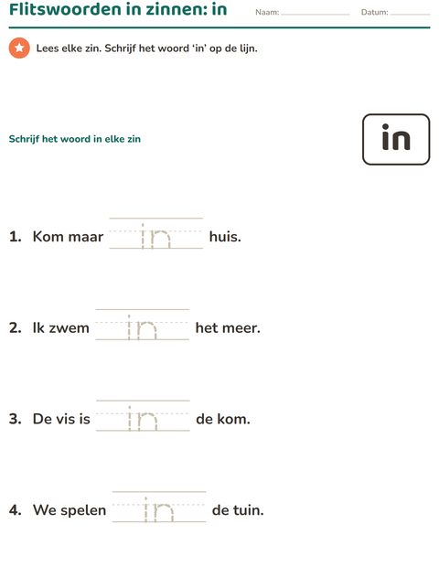 Voorbeeld van het Flitswoorden-werkblad voor kleuterklas
