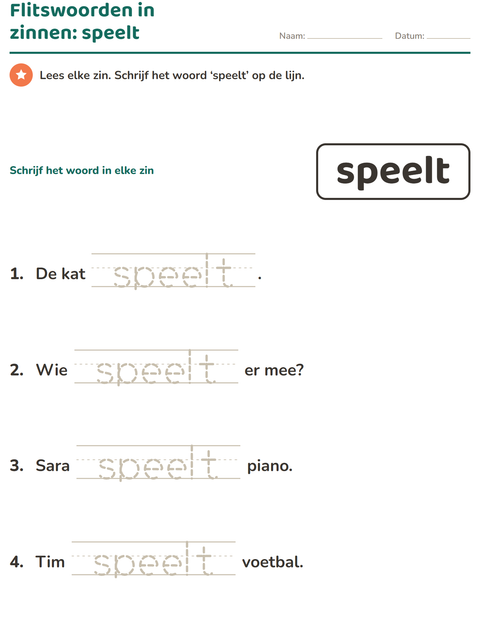 Voorbeeld van het Flitswoorden-werkblad voor kleuterklas