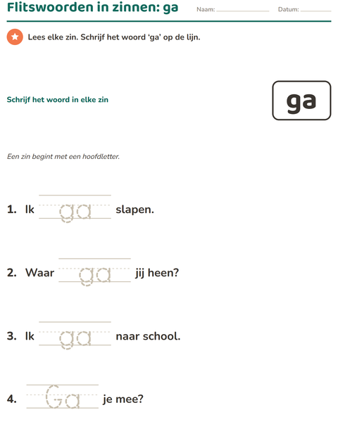 Voorbeeld van het Flitswoorden-werkblad voor kleuterklas