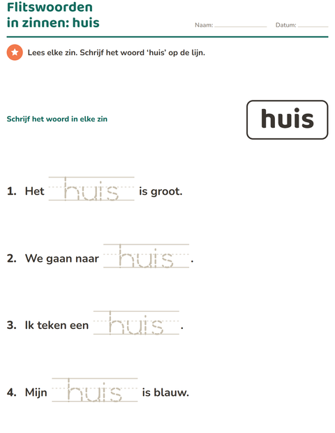Voorbeeld van het Flitswoorden-werkblad voor kleuterklas