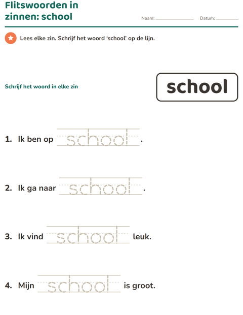 Voorbeeld van het Flitswoorden-werkblad voor kleuterklas