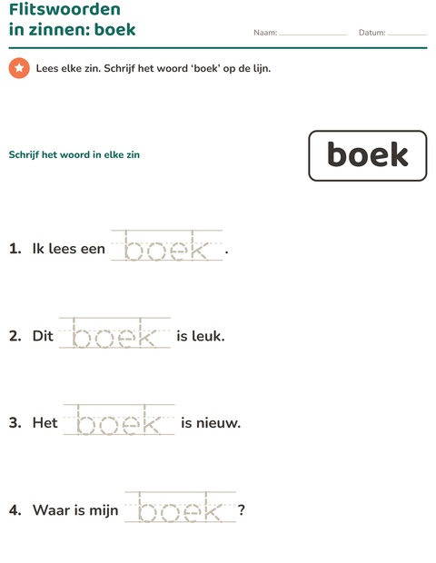 Voorbeeld van het Flitswoorden-werkblad voor kleuterklas