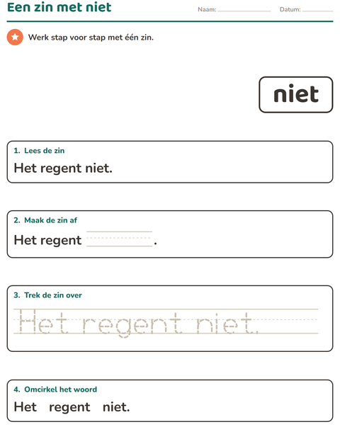 Voorbeeld van het Flitswoorden-werkblad voor kleuterklas