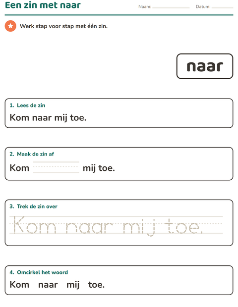 Voorbeeld van het Flitswoorden-werkblad voor kleuterklas