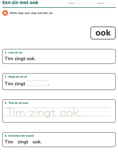 Voorbeeld van het Flitswoorden-werkblad voor kleuterklas