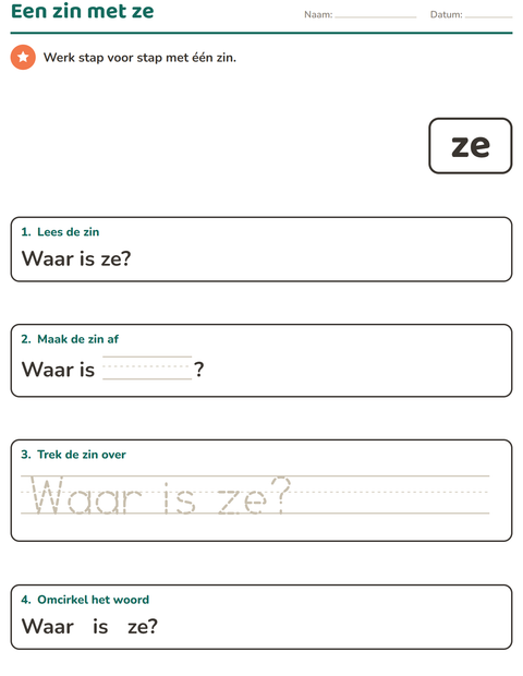 Voorbeeld van het Flitswoorden-werkblad voor kleuterklas