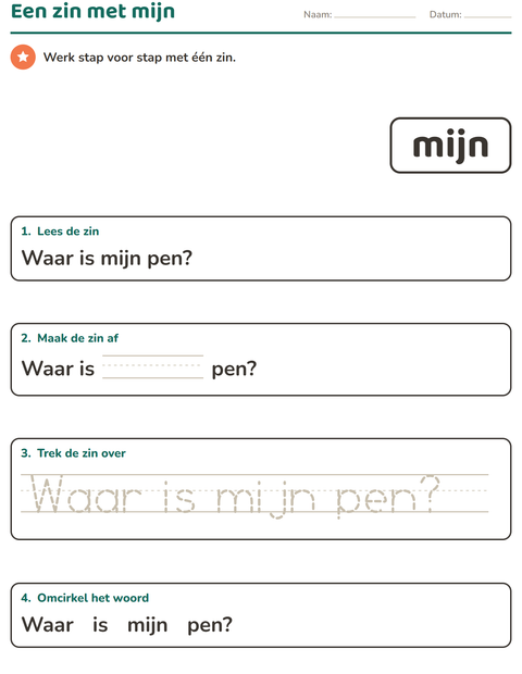 Voorbeeld van het Flitswoorden-werkblad voor kleuterklas