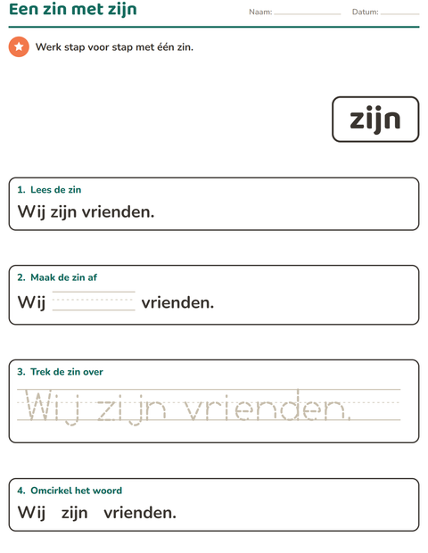 Voorbeeld van het Flitswoorden-werkblad voor kleuterklas
