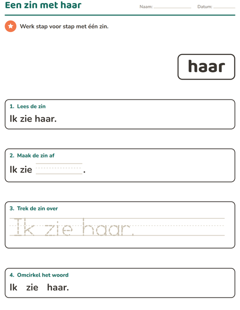 Voorbeeld van het Flitswoorden-werkblad voor kleuterklas