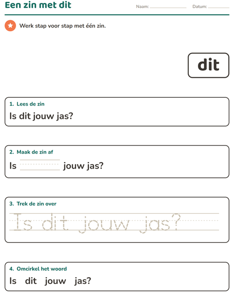 Voorbeeld van het Flitswoorden-werkblad voor kleuterklas