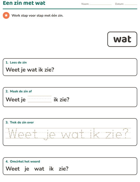 Voorbeeld van het Flitswoorden-werkblad voor kleuterklas