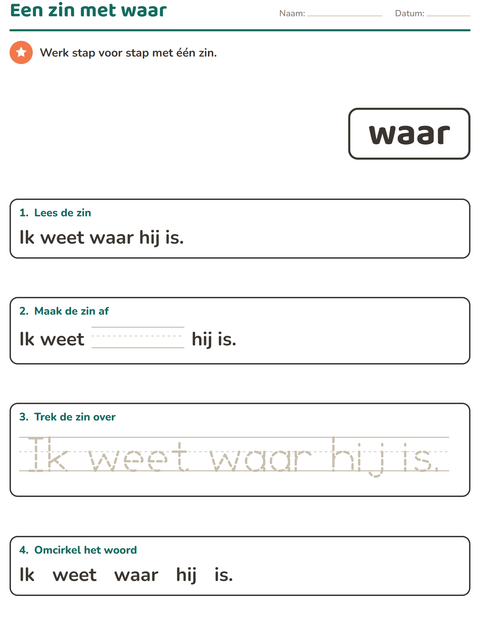 Voorbeeld van het Flitswoorden-werkblad voor kleuterklas