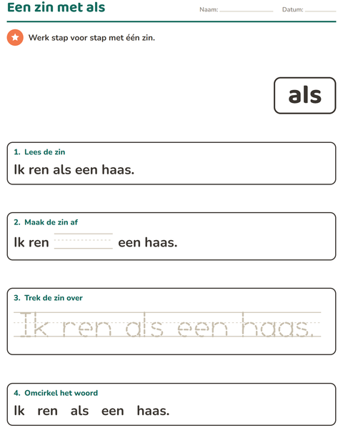 Voorbeeld van het Flitswoorden-werkblad voor kleuterklas