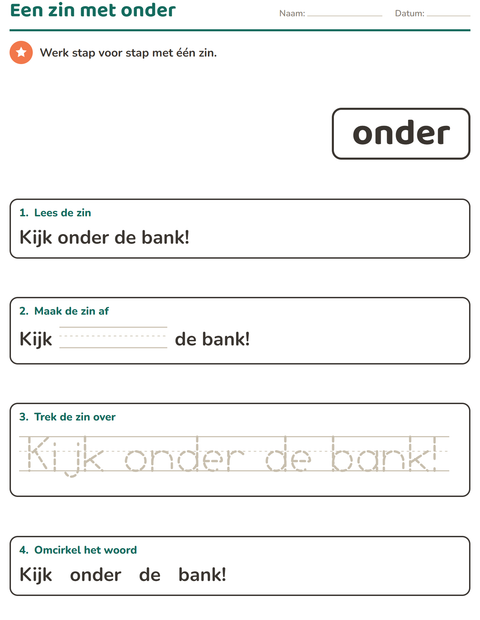 Voorbeeld van het Flitswoorden-werkblad voor kleuterklas