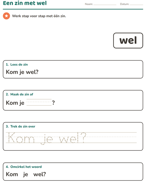 Voorbeeld van het Flitswoorden-werkblad voor kleuterklas