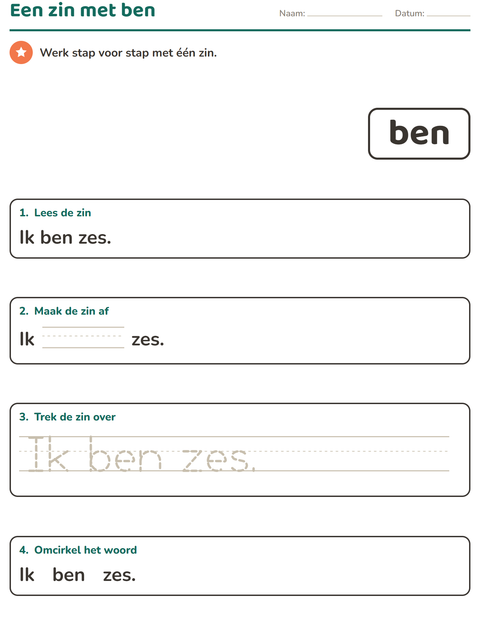 Voorbeeld van het Flitswoorden-werkblad voor kleuterklas
