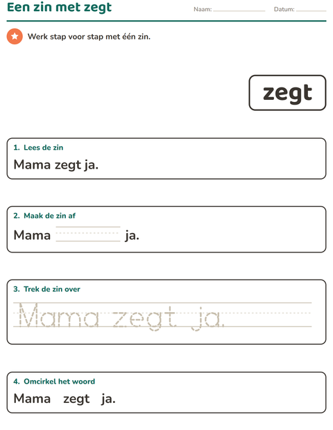 Voorbeeld van het Flitswoorden-werkblad voor kleuterklas