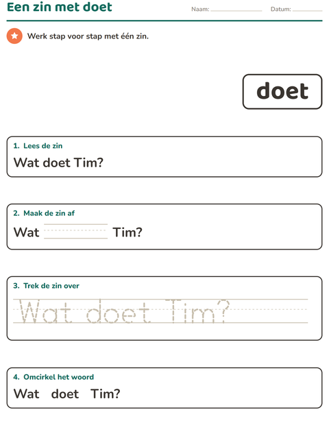 Voorbeeld van het Flitswoorden-werkblad voor kleuterklas