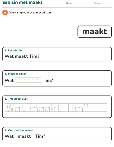Voorbeeld van het Flitswoorden-werkblad voor kleuterklas