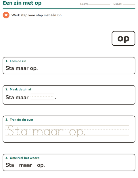 Voorbeeld van het Flitswoorden-werkblad voor kleuterklas