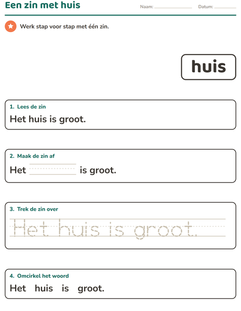Voorbeeld van het Flitswoorden-werkblad voor kleuterklas
