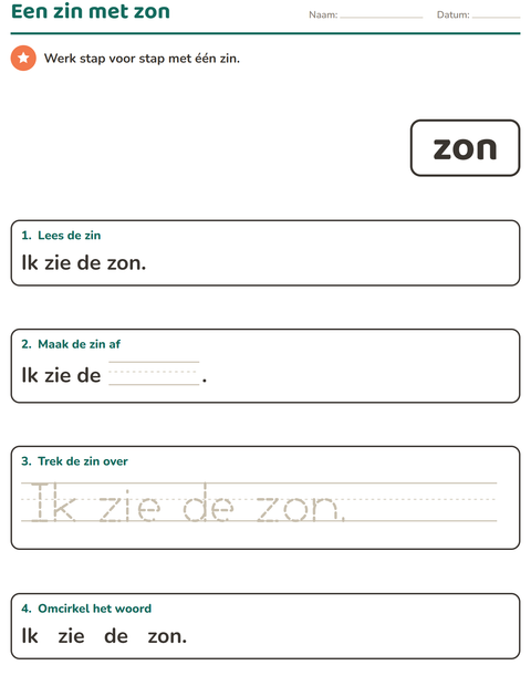 Voorbeeld van het Flitswoorden-werkblad voor kleuterklas