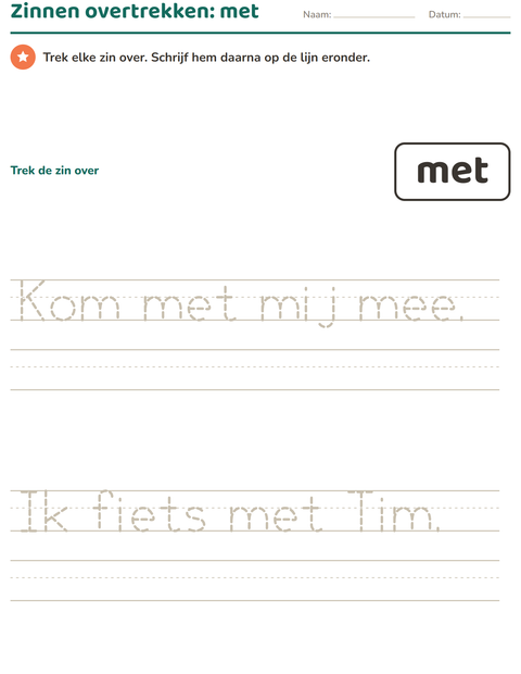 Voorbeeld van het Flitswoorden-werkblad voor kleuterklas